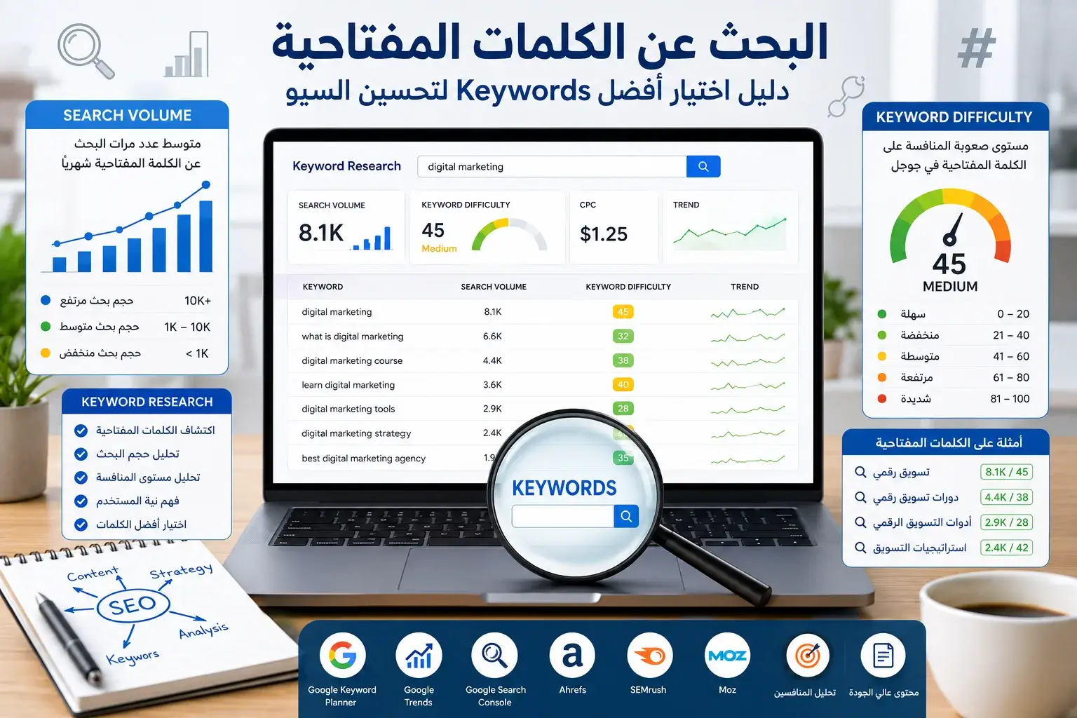 البحث عن الكلمات المفتاحية وتحليل Search Volume.