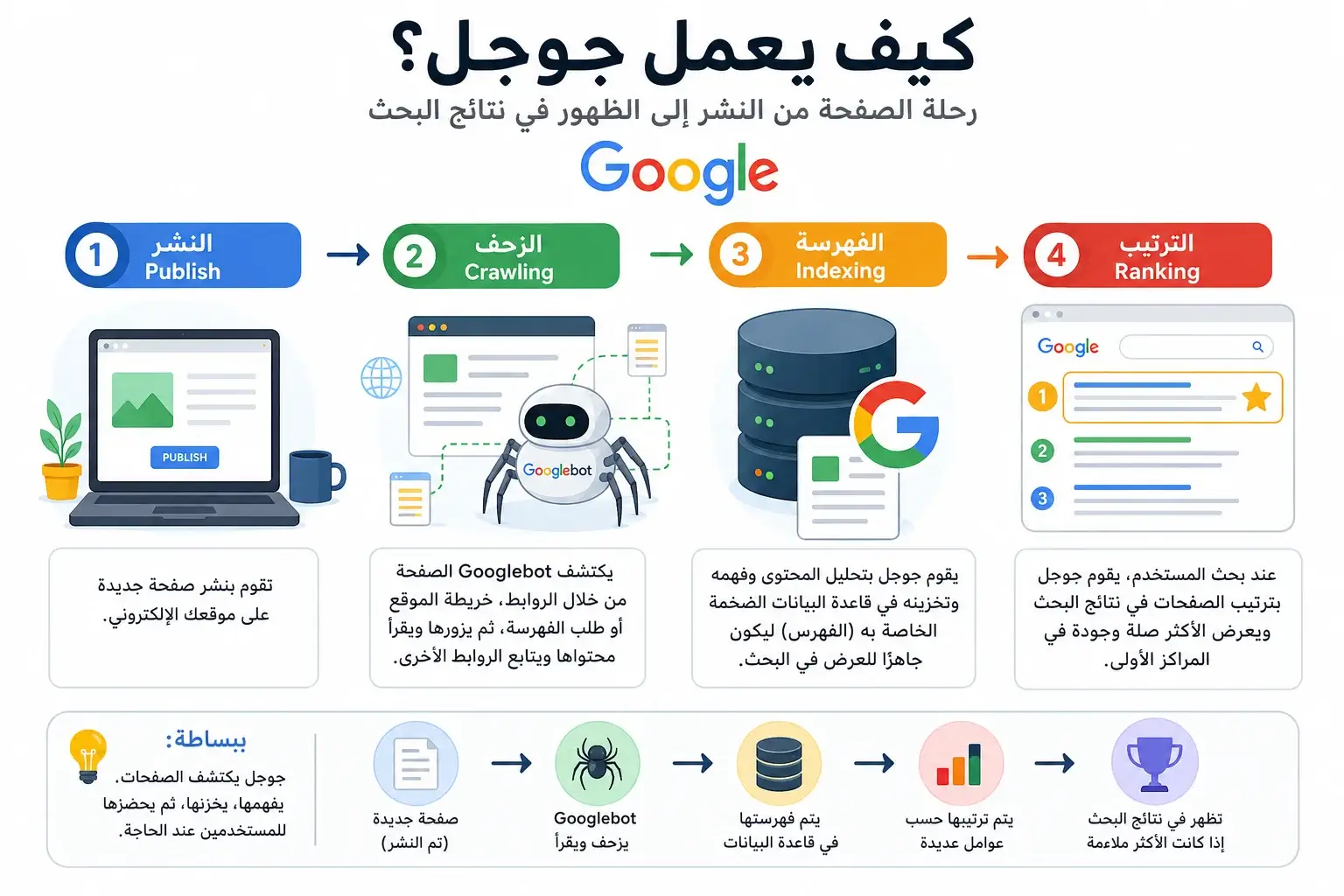 كيف يعمل جوجل من خلال الزحف والفهرسة والترتيب