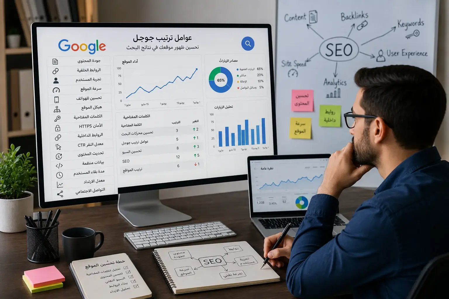 خبير سيو يحلل عوامل ترتيب جوجل لتحسين ظهور موقع إلكتروني.