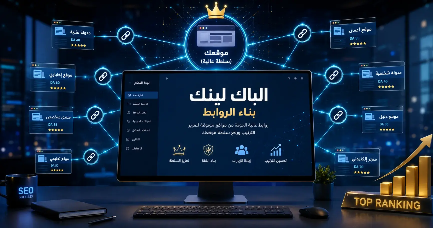 مفهوم الباك لينك وبناء الروابط مع شبكة مواقع مترابطة تعزز سلطة الموقع وتحسين ترتيب نتائج البحث.