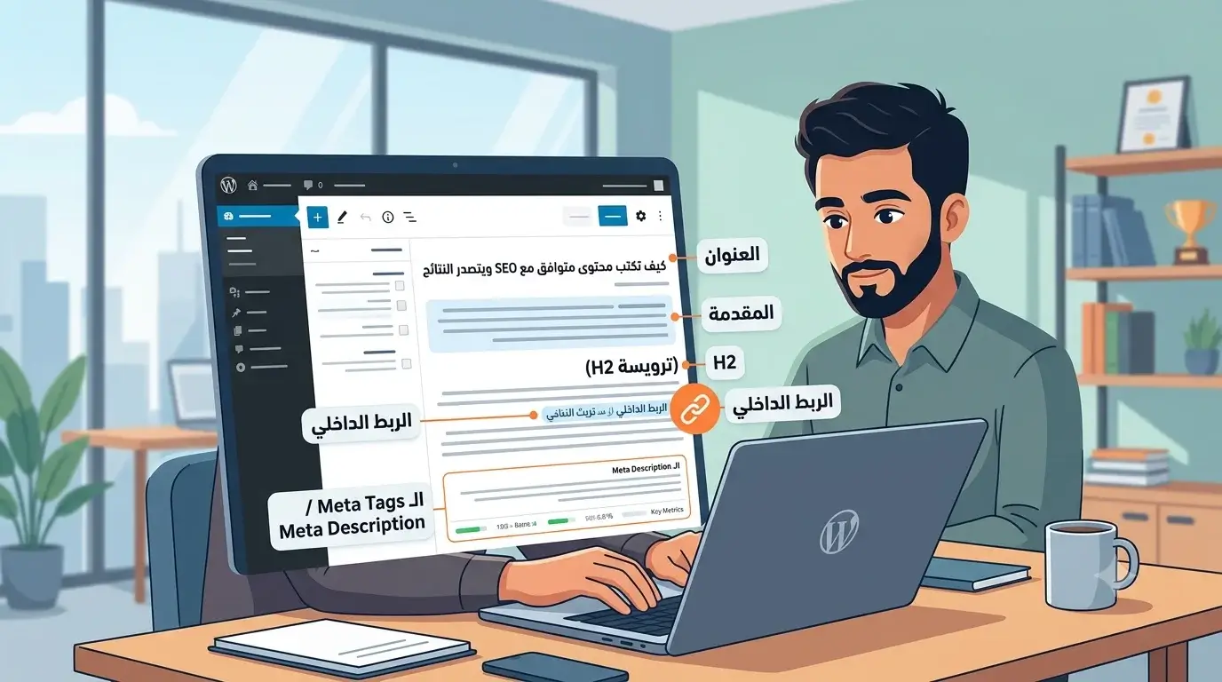 كاتب محتوى يقوم بتحسين المقالات باستخدام أدوات SEO لتصدر صفحة نتائج البحث الأولى