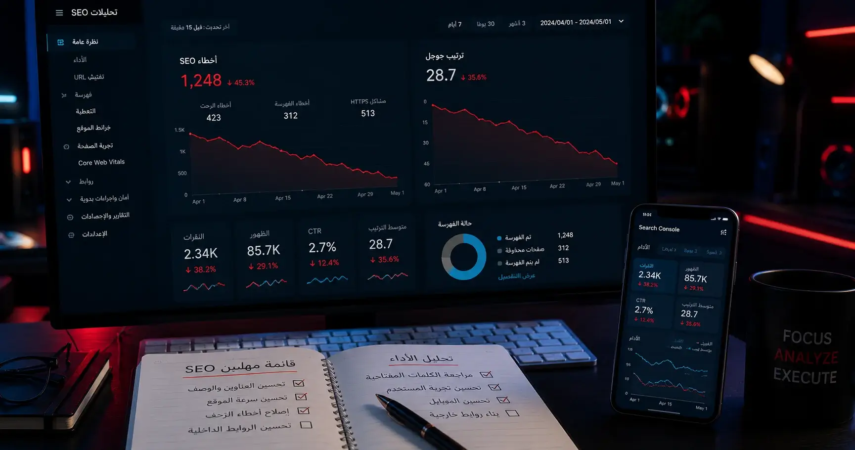 تحليلات السيو مع انخفاض في ترتيب جوجل وأخطاء SEO