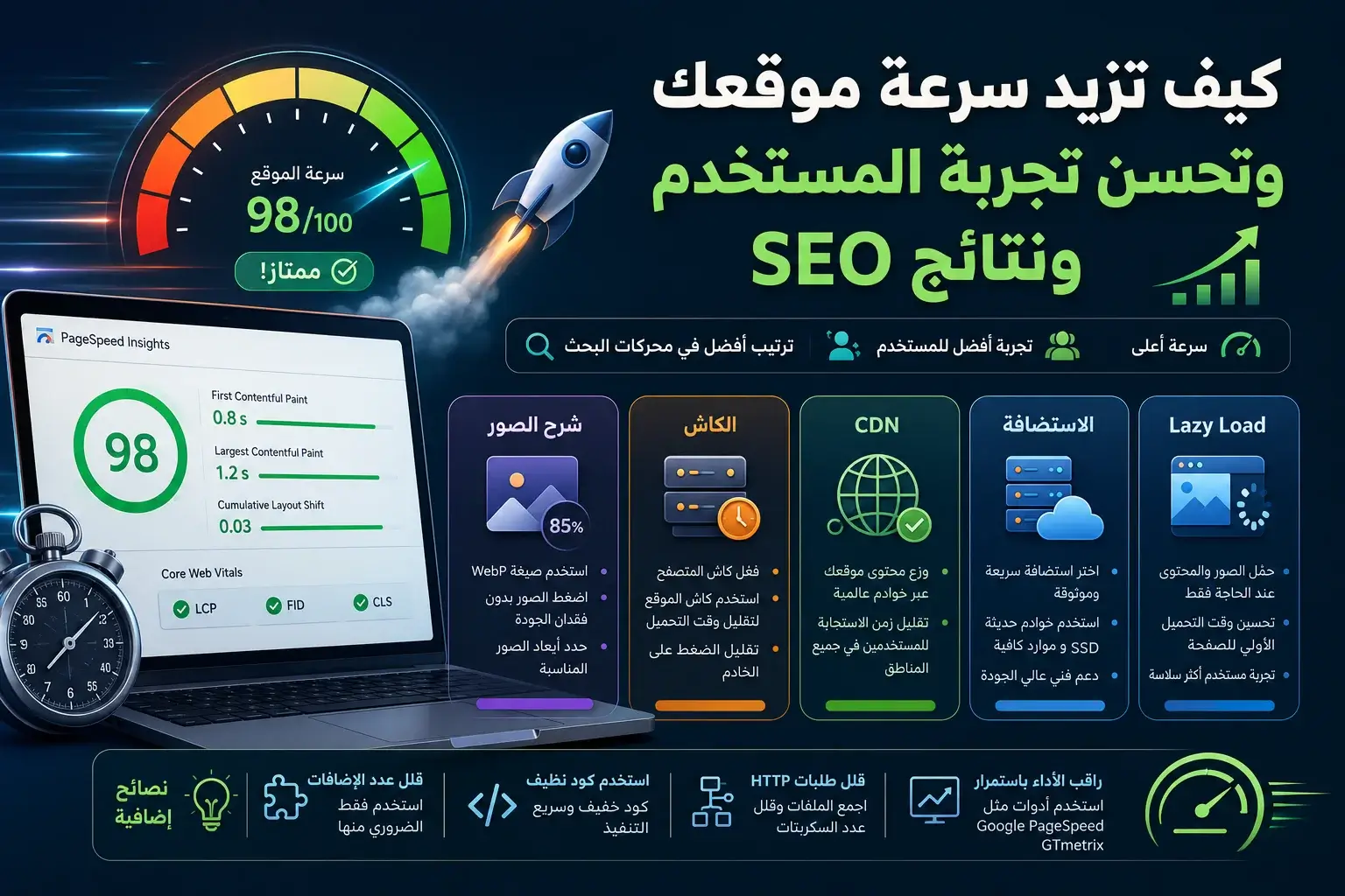 أهم طرق زيادة سرعة الموقع، مثل تحسين الصور، تفعيل الكاش، استخدام CDN، اختيار استضافة سريعة، وتقنية Lazy Load لتحسين تجربة المستخدم ونتائج SEO.