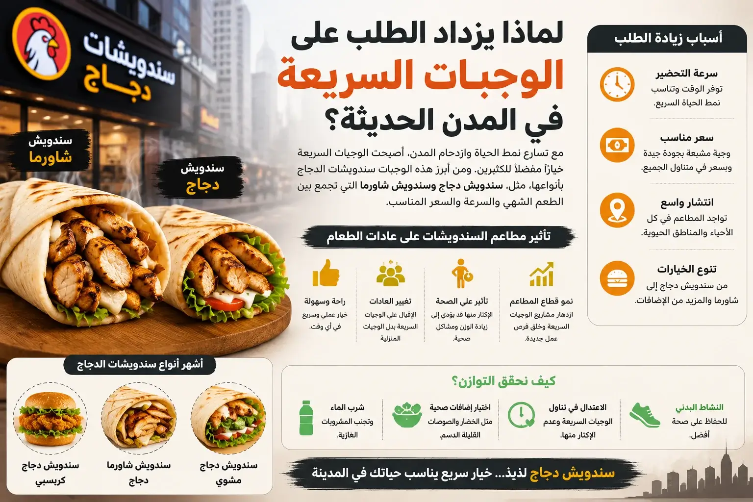أسباب زيادة الطلب على الوجبات السريعة في المدن الحديثة، مع صور سندويش دجاج وسندويش شاورما، وشرح العوامل التي ساهمت في انتشار مطاعم السندويشات