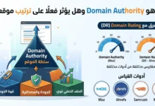 'ما هو Domain Authority'، يقارن بين مفهومي سلطة الموقع (DA من Moz) وتقييم الدومين (DR من Ahrefs)، مع عرض لأبرز أدوات قياس قوة الدومين