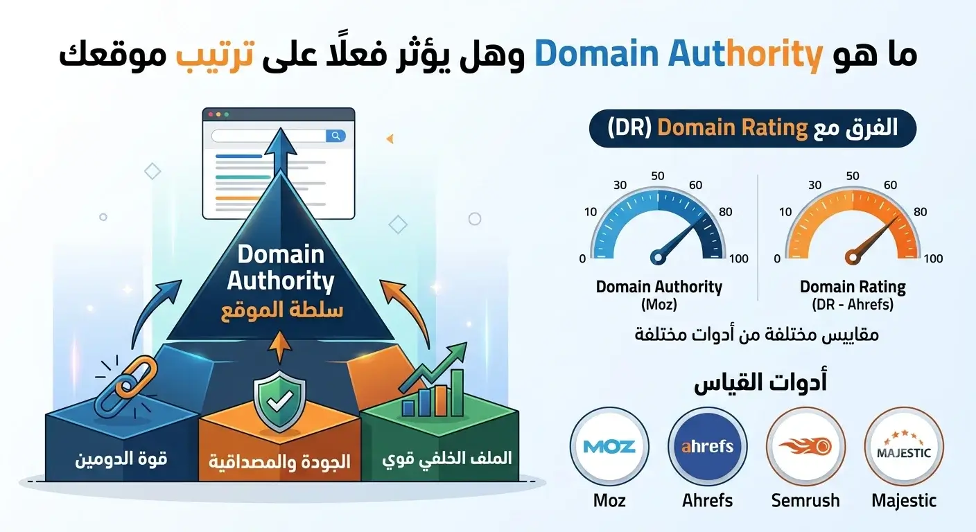 'ما هو Domain Authority'، يقارن بين مفهومي سلطة الموقع (DA من Moz) وتقييم الدومين (DR من Ahrefs)، مع عرض لأبرز أدوات قياس قوة الدومين