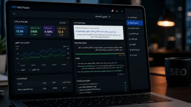 منصة SEO تعرض إعدادات Meta Description وشفرة HTML مع مؤشرات CTR ولوحة تحليلات لتحسين ظهور صفحات الموقع في نتائج البحث.