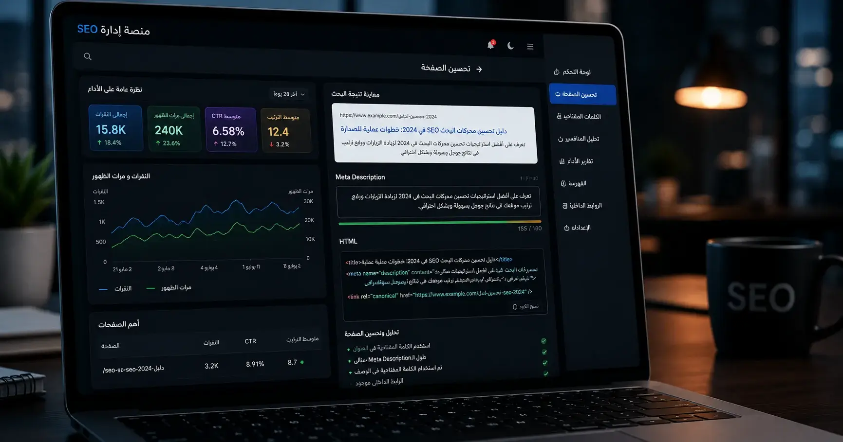 منصة SEO تعرض إعدادات Meta Description وشفرة HTML مع مؤشرات CTR ولوحة تحليلات لتحسين ظهور صفحات الموقع في نتائج البحث.