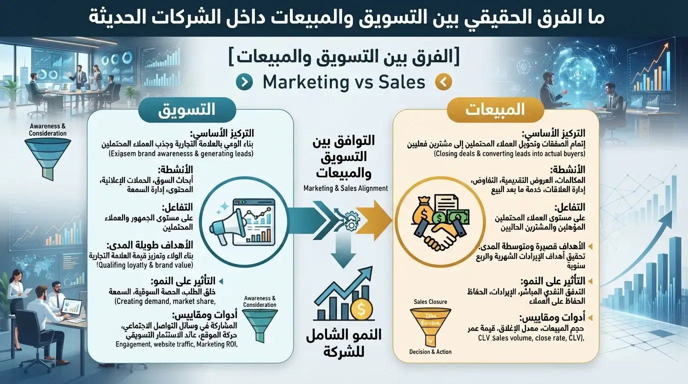 ما الفرق الحقيقي بين التسويق والمبيعات داخل الشركات الحديثة؟