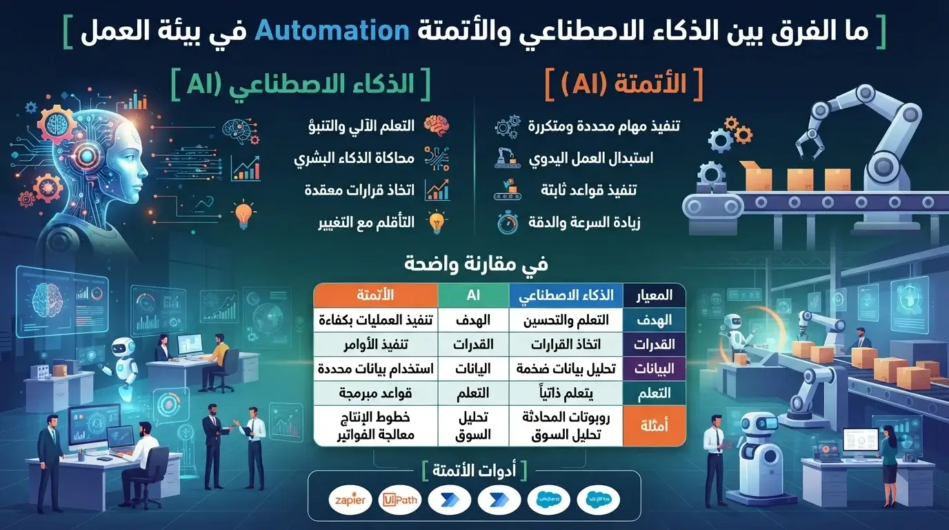 ما الفرق بين الذكاء الاصطناعي والأتمتة Automation في بيئة العمل؟